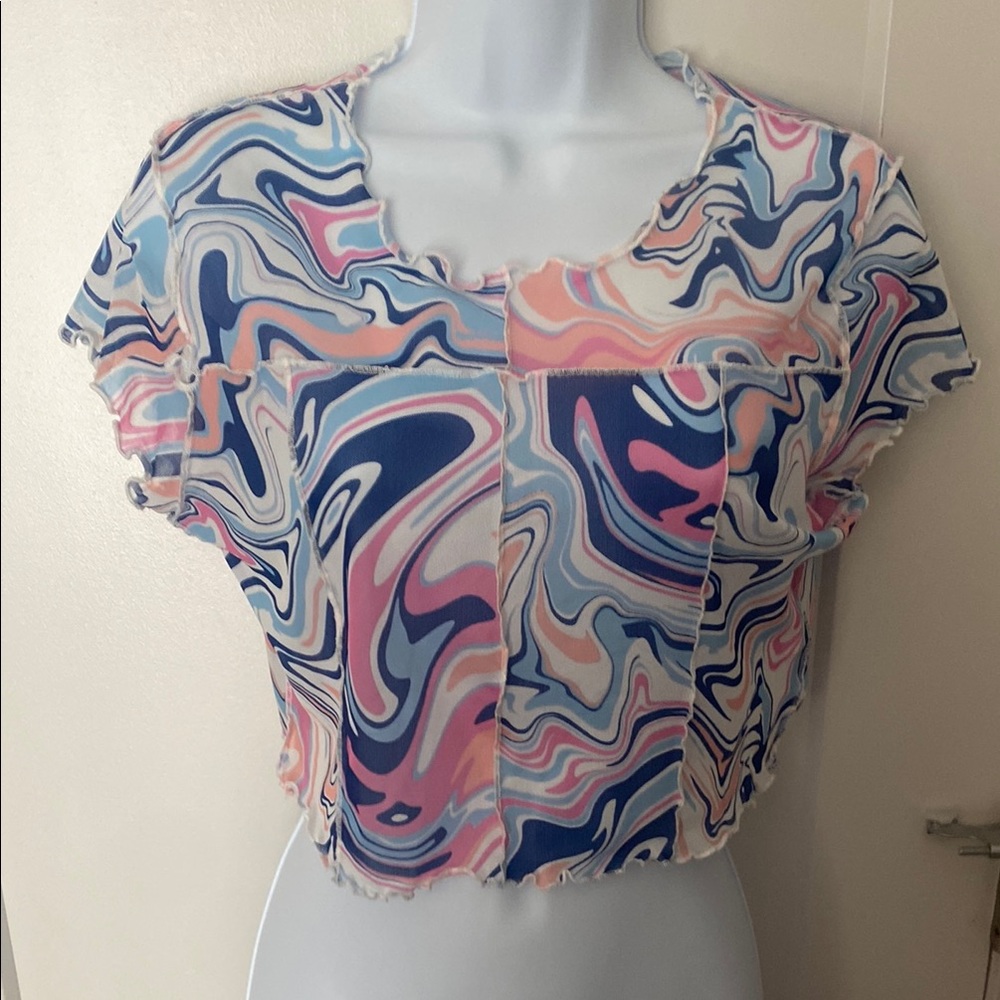 Wet Seal Sheer Abstract Swirl Crop Top - Blue and Pink